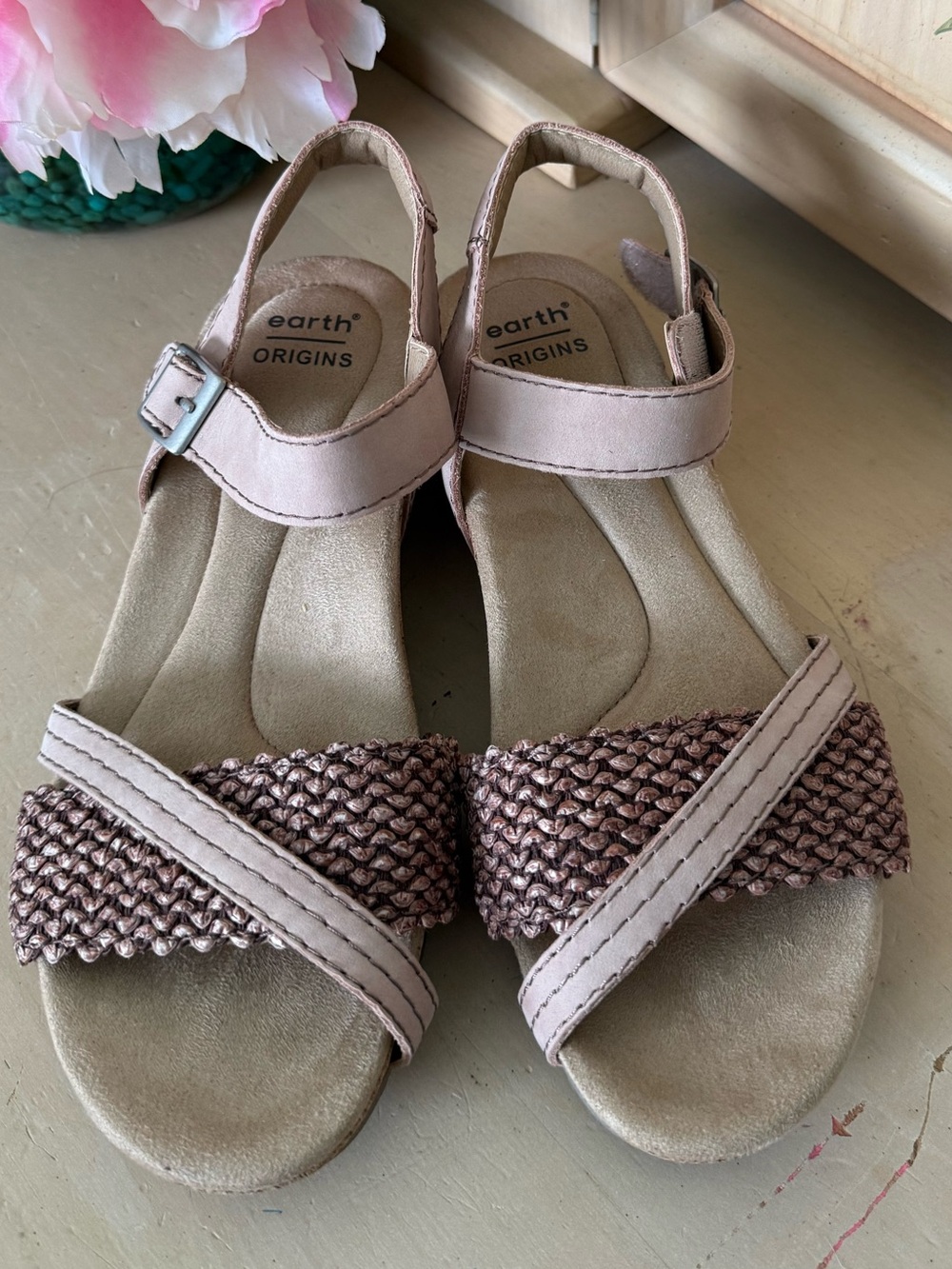 Earth Origins Women's Blush Pink Braided Front Ankle-Strap Sandals